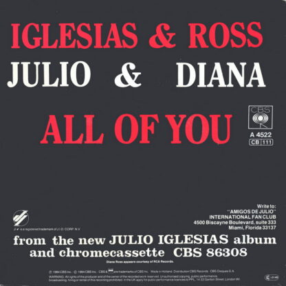 Diana Ross & Julio Iglesias - All Of You (7"si NL 1984) - Afbeelding 2