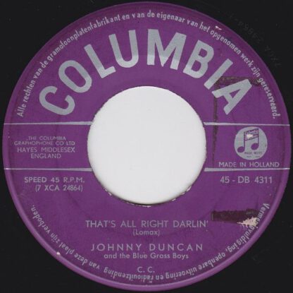 Johnny Duncan and The Blue Grass Boys ‎– Kansas City (7"si NL 1959) vg - Afbeelding 2