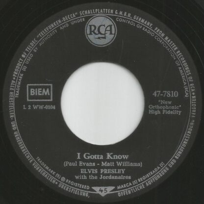 Elvis Presley - Are You Lonesome To-Night? / I Gotta Know (7"si Germany 1961) g - Image 2