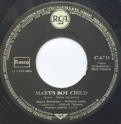 Harry Belafonte ‎– Mary's Boy Child / Venezuela (7"si Germany 1956) vg+/vg+