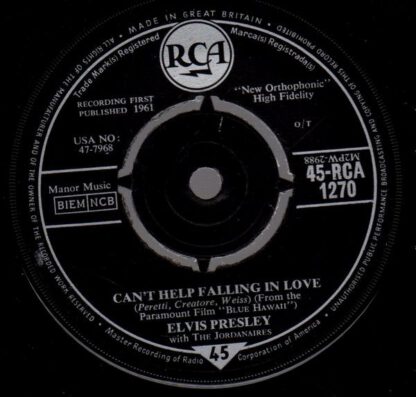 Elvis Presley ‎– Can't Help Falling in Love / Rock-A-Hula Baby (7"si UK 1962) vg/vg