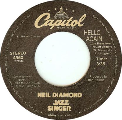 Neil Diamond ‎– Hello Again (7"si US 1980) vg++/vg - Afbeelding 2