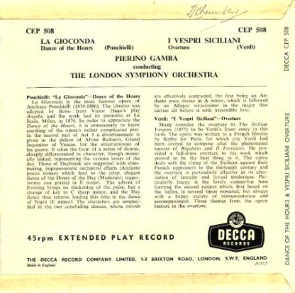 Pierino Gamba & LSO ‎– La Gioconda / I Vespri Siciliani (7"EP UK 1957) vg++/vg++ - Afbeelding 2