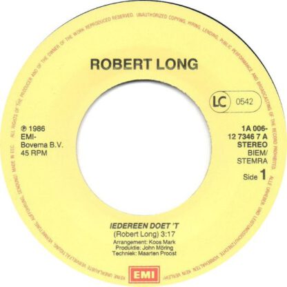 Robert Long ‎– Iedereen Doet 't (7"si NL 1986) nm/vg+ - Afbeelding 3