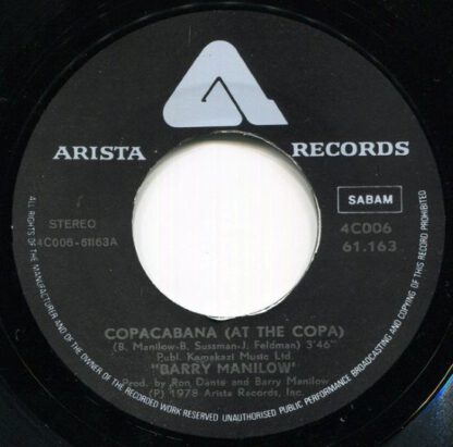 Barry Manilow ‎– Copacabana (7"si Belgium 1978) vg+/vg+ - Afbeelding 2