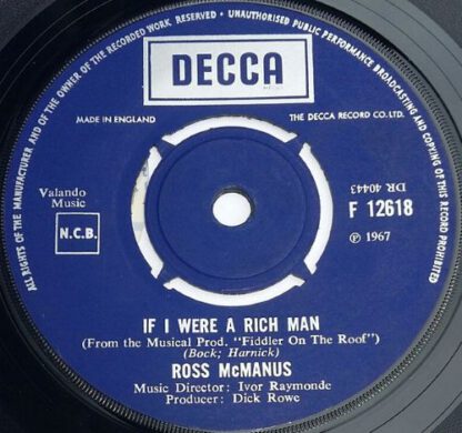 Ross McManus ‎– If I Were A Rich Man / Can't Take My Eyes Off of You ‎(7"si UK 1967) vg++/vg+ - Afbeelding 3