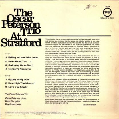 Oscar Peterson ‎– At Stratford (LP Germany 1974) Reissue of 1957 original - Enhanced for Stereo nm/vg++ - Afbeelding 2