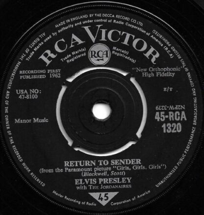 Elvis Presley with The Jordanaires ‎– Return to Sender (7"si UK 1962) vg+/vg