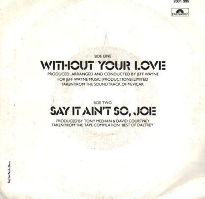 Roger Daltrey ‎– Without Your Love / Say It Ain't So, Joe (7"si Belgium 1980) vg+/vg+ - Image 2