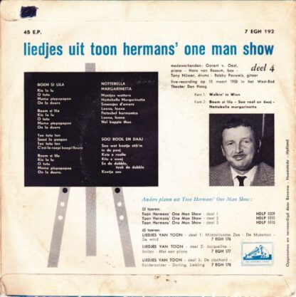 Toon Hermans ‎– Liedjes van Toon (Deel 4) 7"EP NL 1959 vg+/vg++ - Image 2