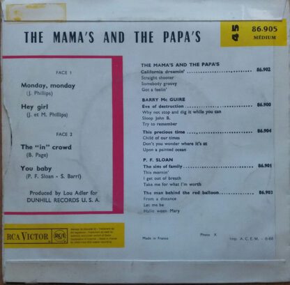 The Mama's And The Papa's ‎– Monday Monday (7"EP France 1966) vg+/vg++ - Image 2