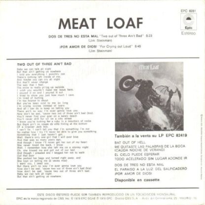 Meat Loaf ‎– Two Out of Three Ain't Bad (7"si Spain 1978) vg+++/vg - Image 2