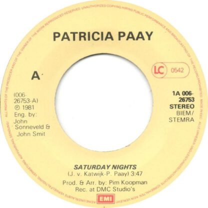 Patricia Paay ‎– Saturday Nights (7"si NL 1981) nm/vg+ - Image 3