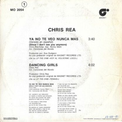 Chris Rea ‎– Ya No Te Veo Nunca Más / Dancing Girls (7"si Spain 1980) PROMO!! vg++/vg++ - Image 2